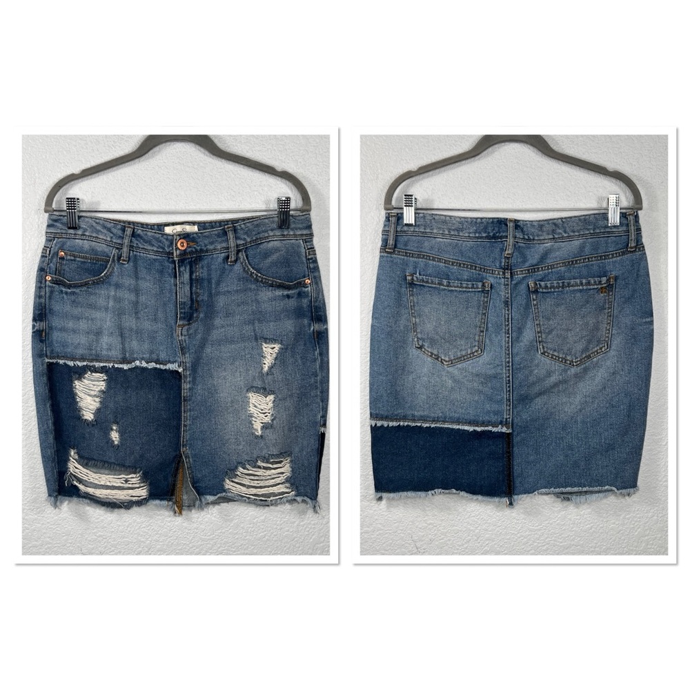 Jessica Simpson 100% Cotton Adored High Rise Patch Distressed Jean Skirt Sz 30